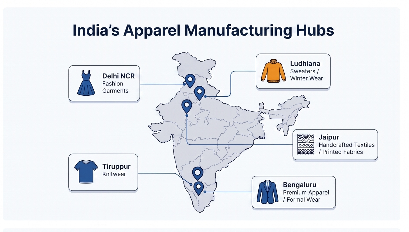 India apparel sourcing hubs showing key garment manufacturing regions for global brands