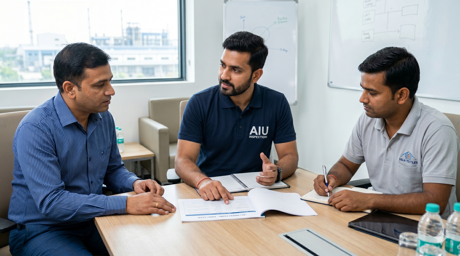 AIU auditor reviewing official audit documentation and compliance plans with factory management