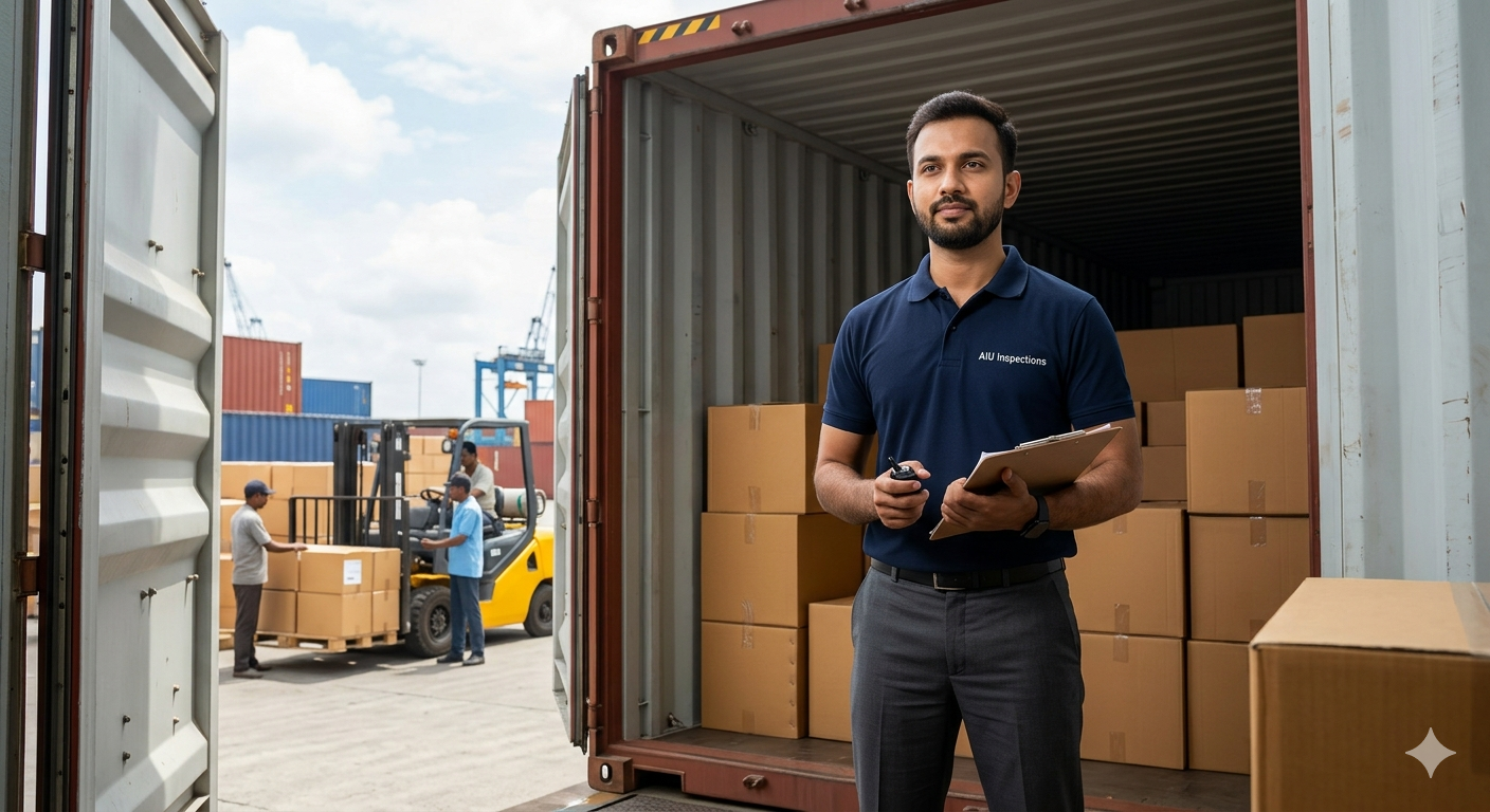 AIU inspector supervising container loading and verifying cargo quantity before international shipment