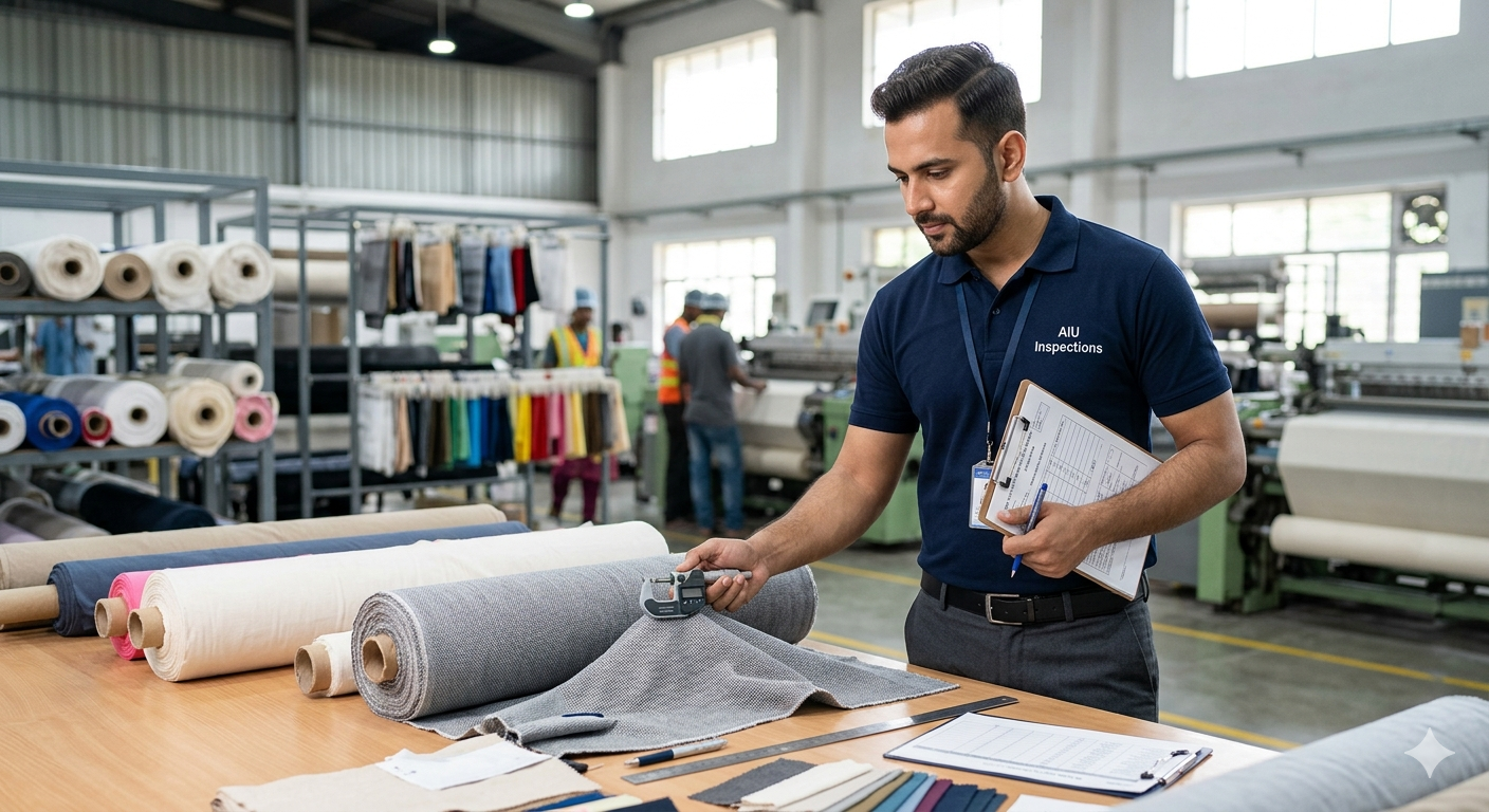 AIU inspector examining raw material fabric rolls for quality conformity before production